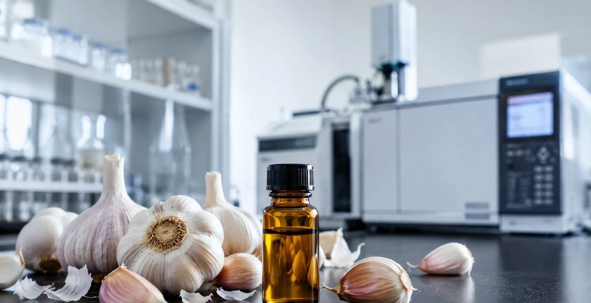 Bawang putih segar dan botol kaca ambruk berisi minyak esensial bawang putih di meja laboratorium, dengan instrumen GC-MS di latar belakang