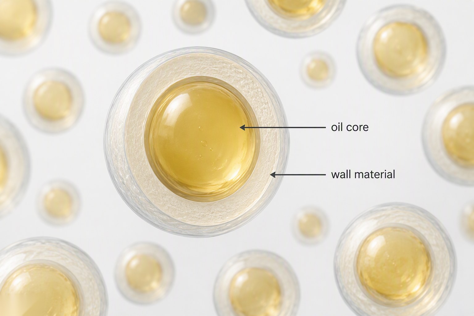 Cross-section diagram of a microcapsule showing a golden garlic oil core wrapped in a wall-material shell